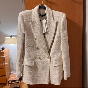 ZARA TEXTURED DOUBLE-BREASTED BLAZER, SIZE L, color cream-ecru